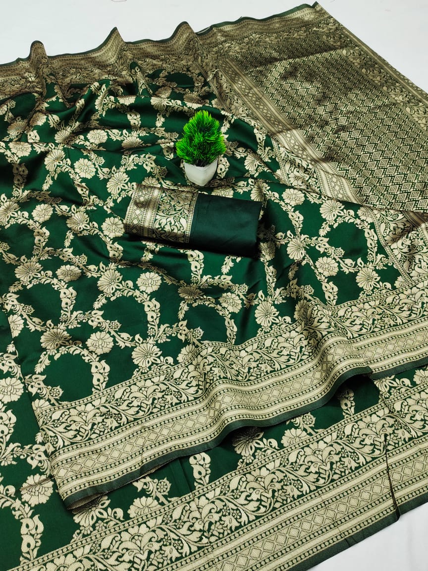 Premium Green Soft Lichi Silk Zari Saree