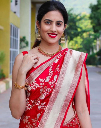 Red Soft Lichi Jacquard Saree