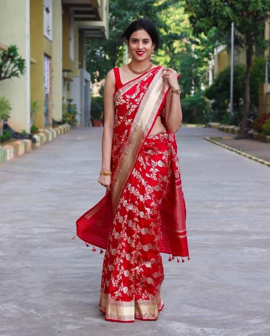 Red Soft Lichi Jacquard Saree