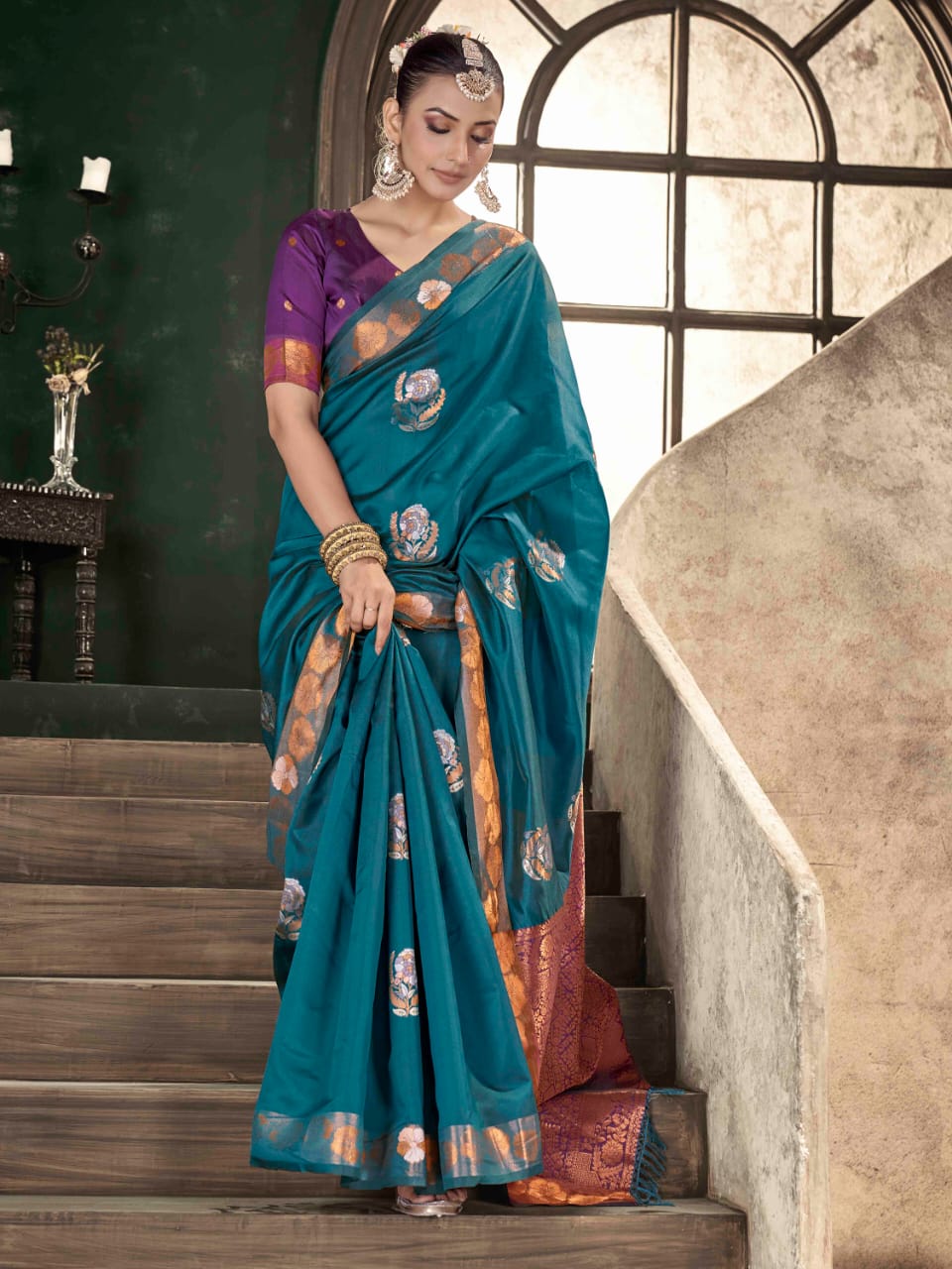 Premium Teal Blue Soft Lichi Silk Banarasi Saree with Purple Blouse
