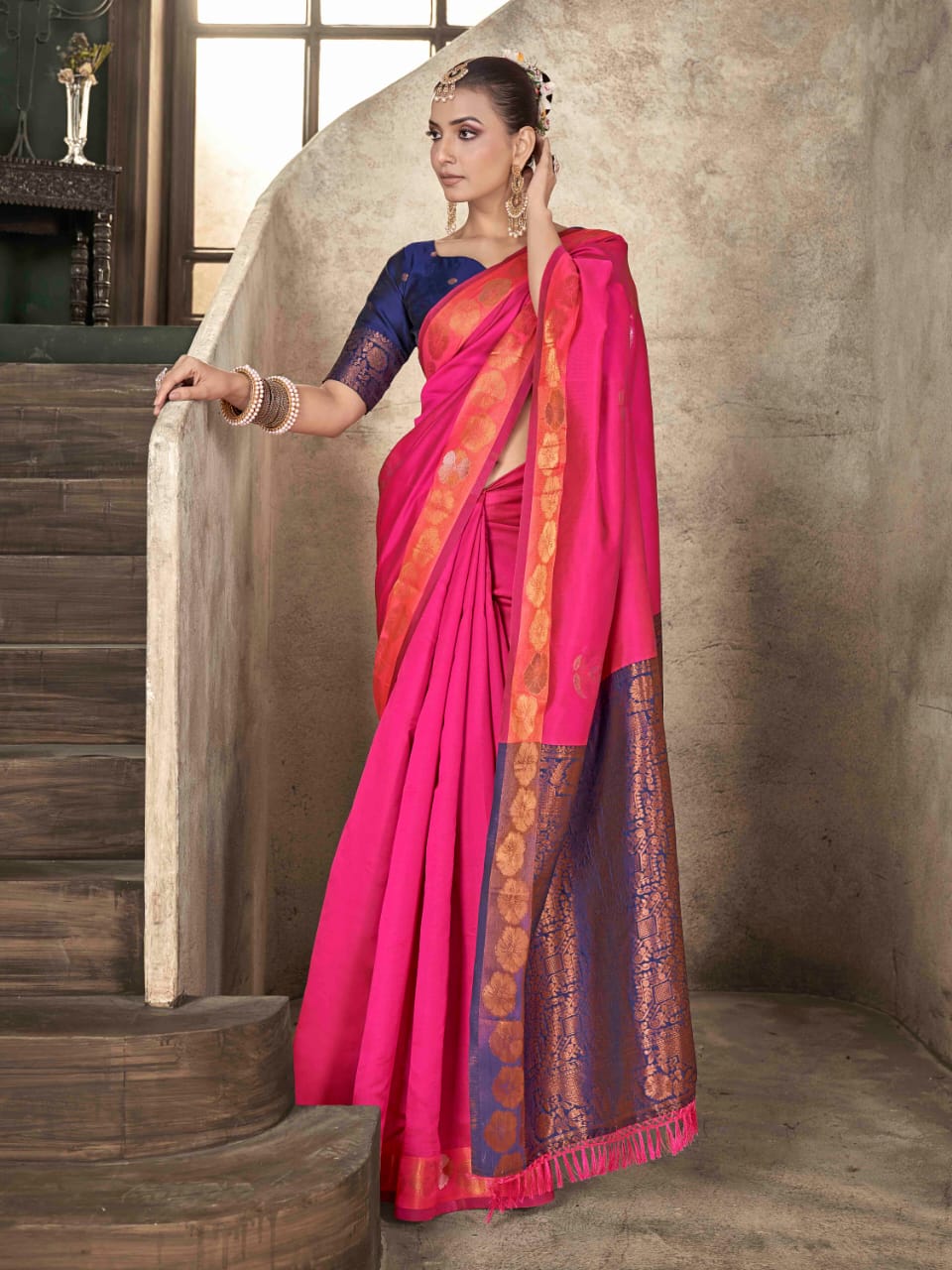 Premium Soft Lichi Silk Pink Banarasi Saree