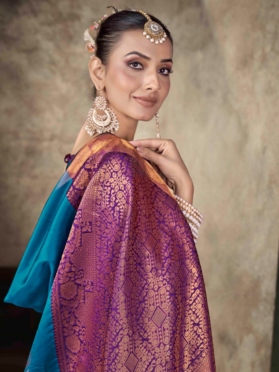 Premium Teal Blue Soft Lichi Silk Banarasi Saree with Purple Blouse