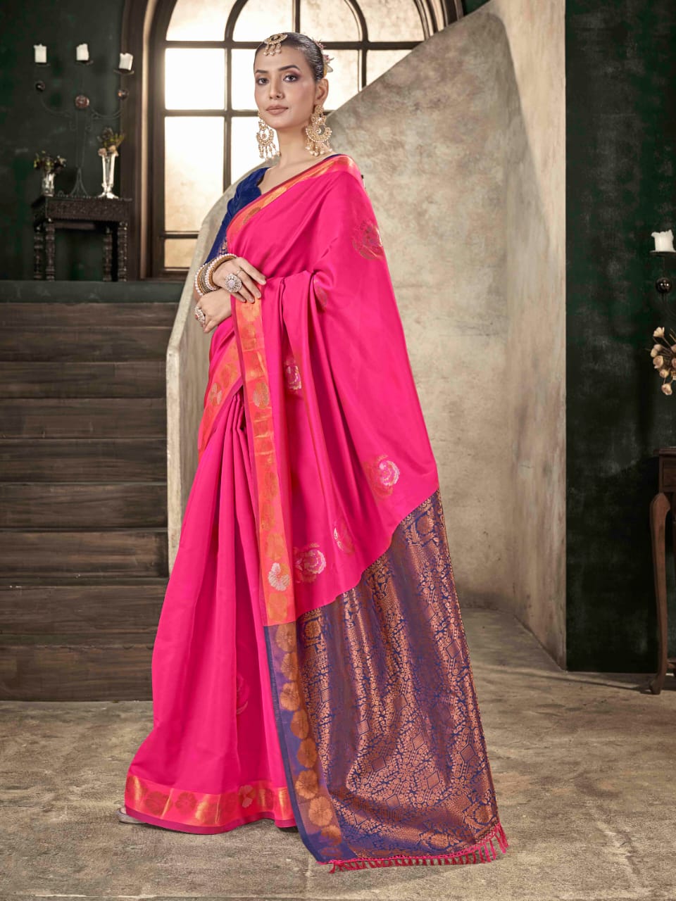 Premium Soft Lichi Silk Pink Banarasi Saree