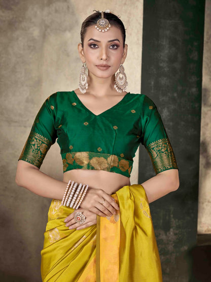 Mustard Yellow Soft Lichi Silk Banarasi Saree with Green Blouse