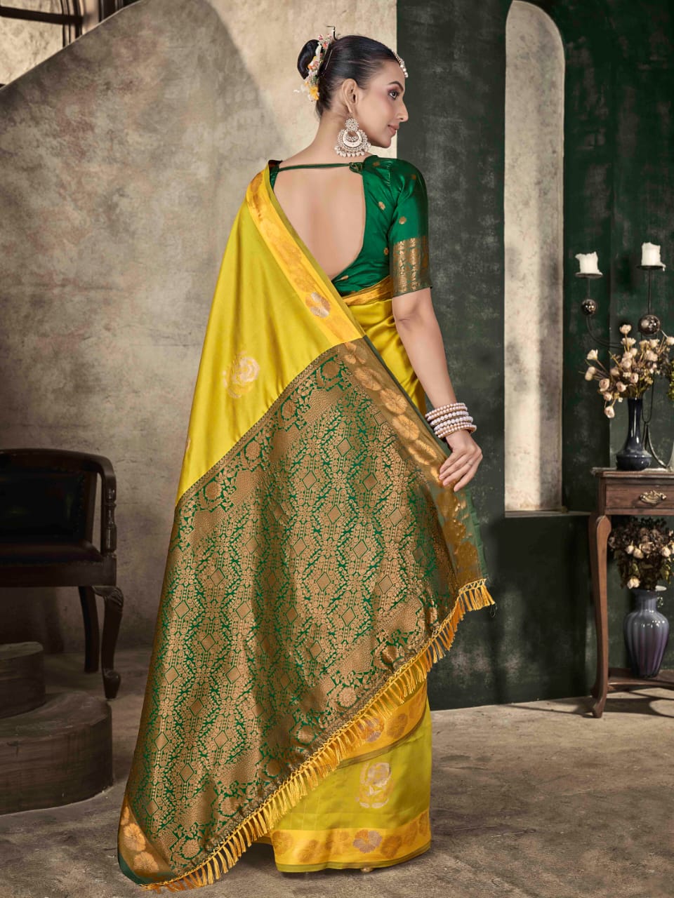 Mustard Yellow Soft Lichi Silk Banarasi Saree with Green Blouse