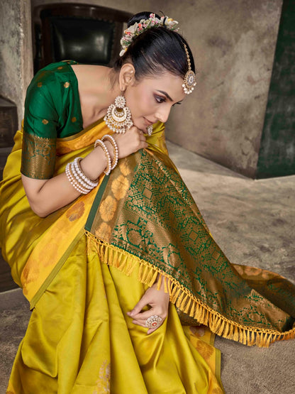 Mustard Yellow Soft Lichi Silk Banarasi Saree with Green Blouse