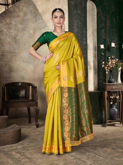 Mustard Yellow Soft Lichi Silk Banarasi Saree with Green Blouse