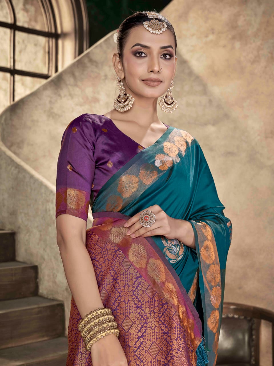 Premium Teal Blue Soft Lichi Silk Banarasi Saree with Purple Blouse