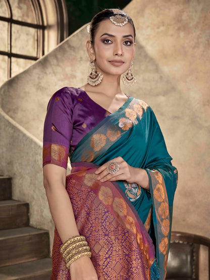 Premium Teal Blue Soft Lichi Silk Banarasi Saree with Purple Blouse