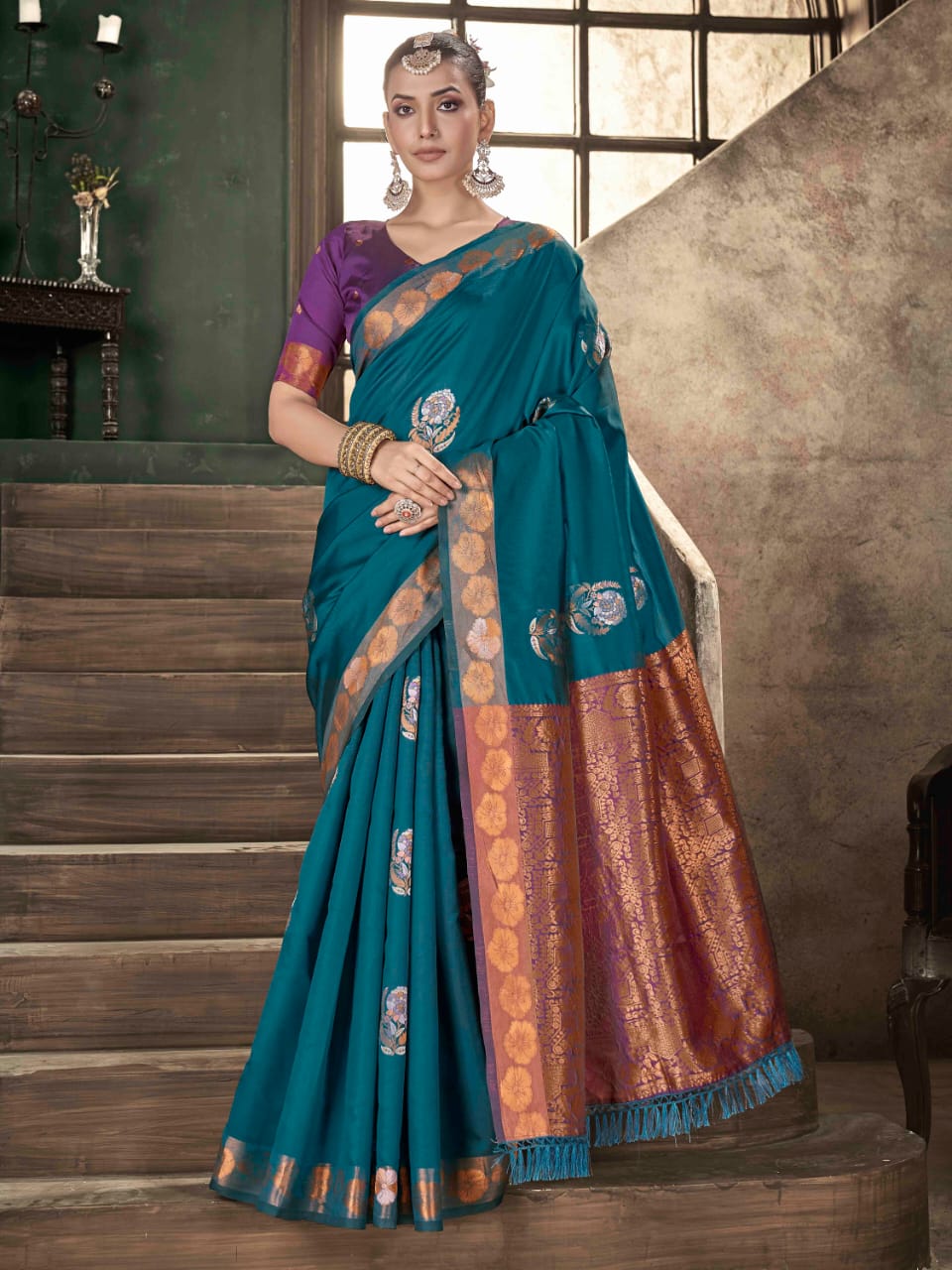 Premium Teal Blue Soft Lichi Silk Banarasi Saree with Purple Blouse