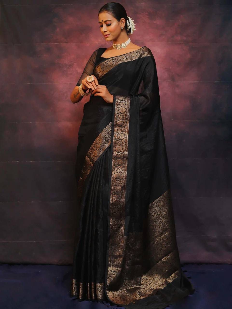 Black Soft Lichi Zari Work Saree