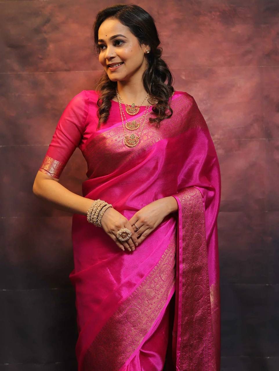 Pink Soft Lichi Zari Work Saree