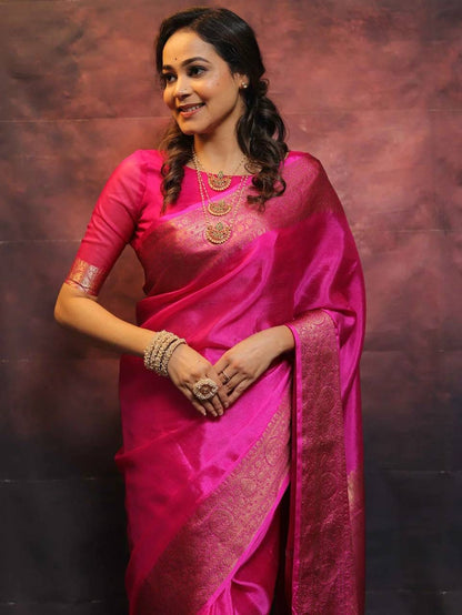 Pink Soft Lichi Zari Work Saree