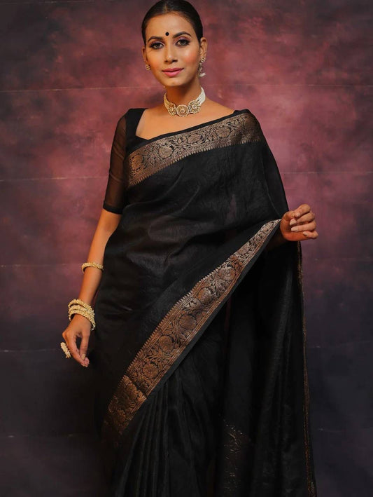 Black Soft Lichi Zari Work Saree