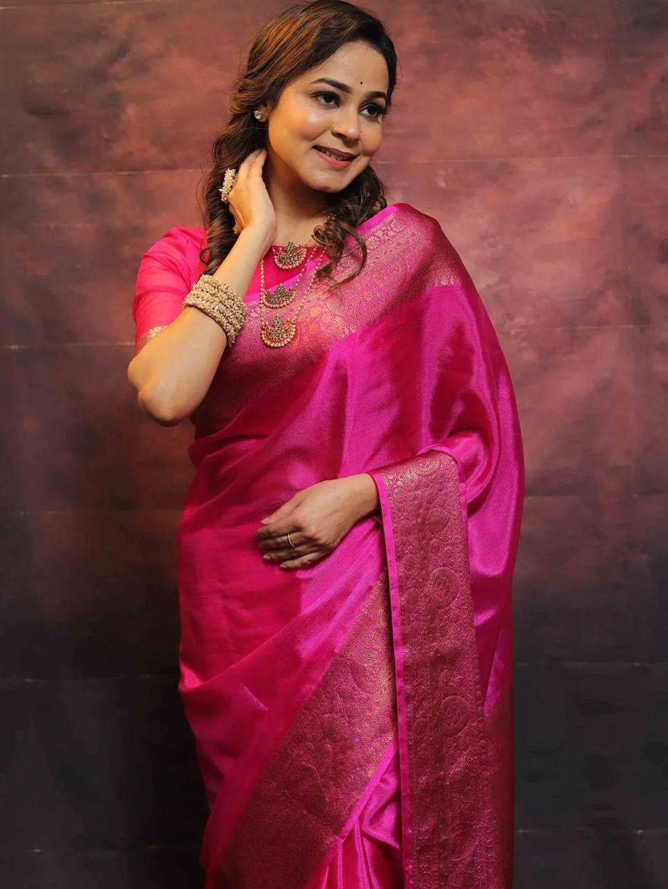 Pink Soft Lichi Zari Work Saree