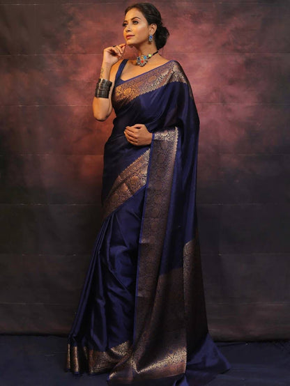 Navy Blue Soft Lichi Zari Work Saree