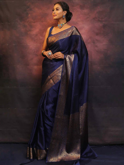 Navy Blue Soft Lichi Zari Work Saree