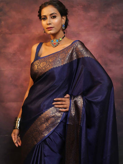 Navy Blue Soft Lichi Zari Work Saree