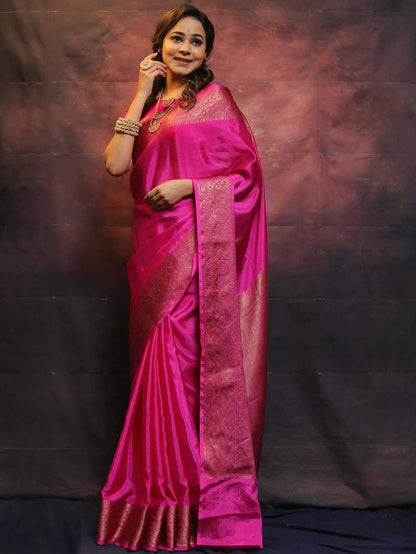 Pink Soft Lichi Zari Work Saree