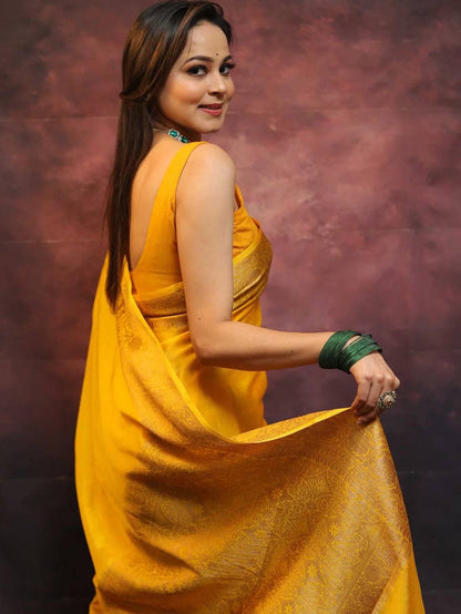 Mustard Yellow Soft Lichi Zari Saree