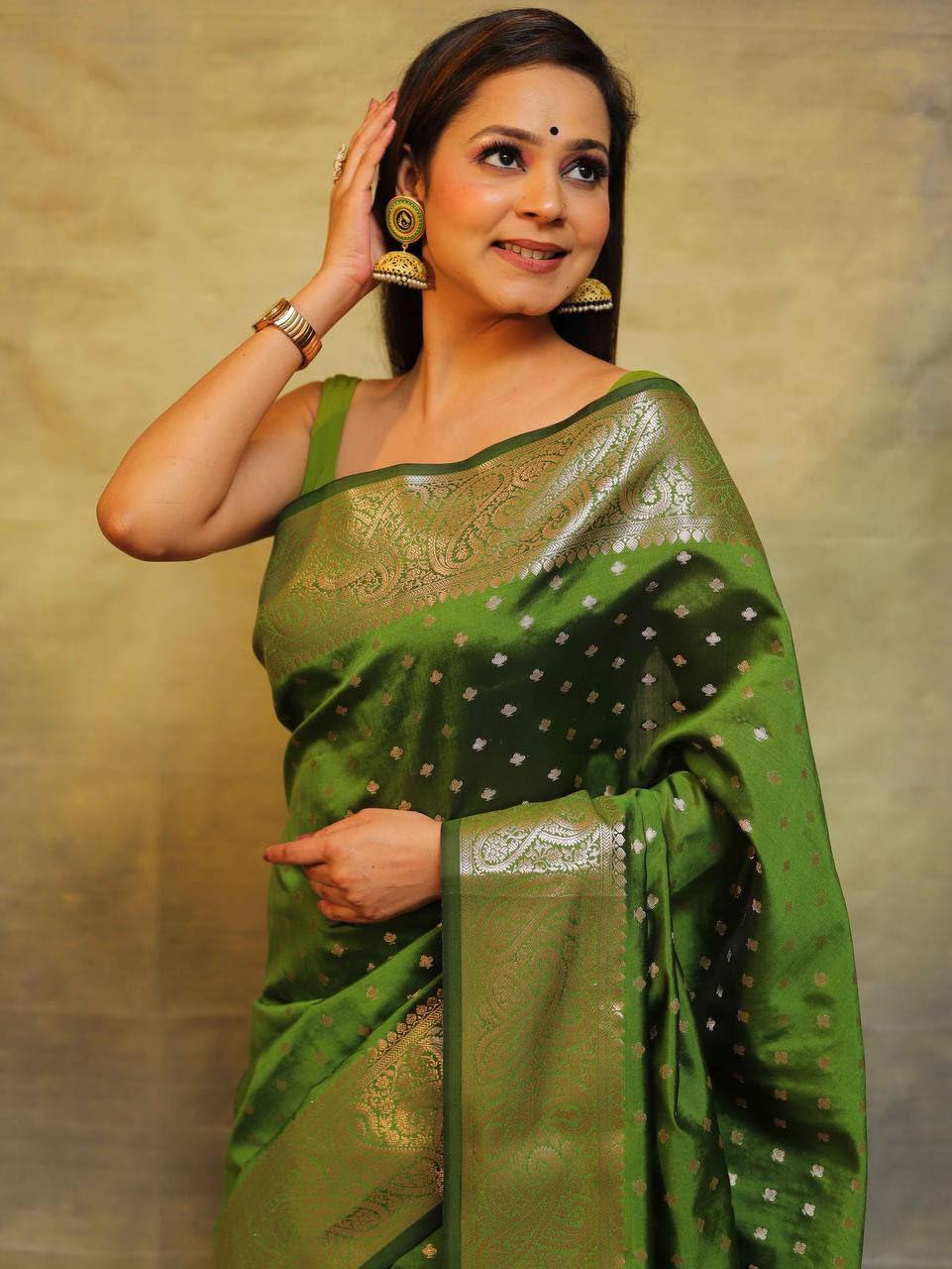 Green Soft Lichi Zari Saree