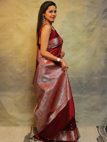 Maroon Soft Lichi Zari Saree