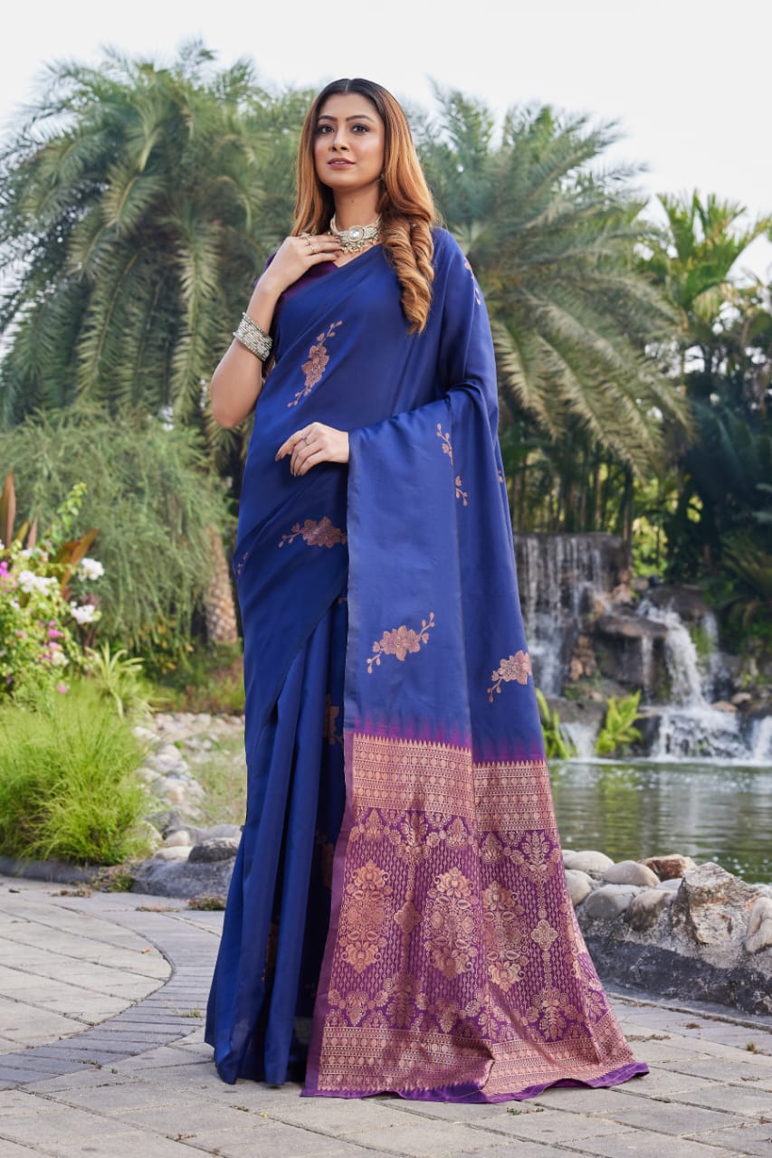 Premium Navy Blue Lichi Silk Jacquard Saree
