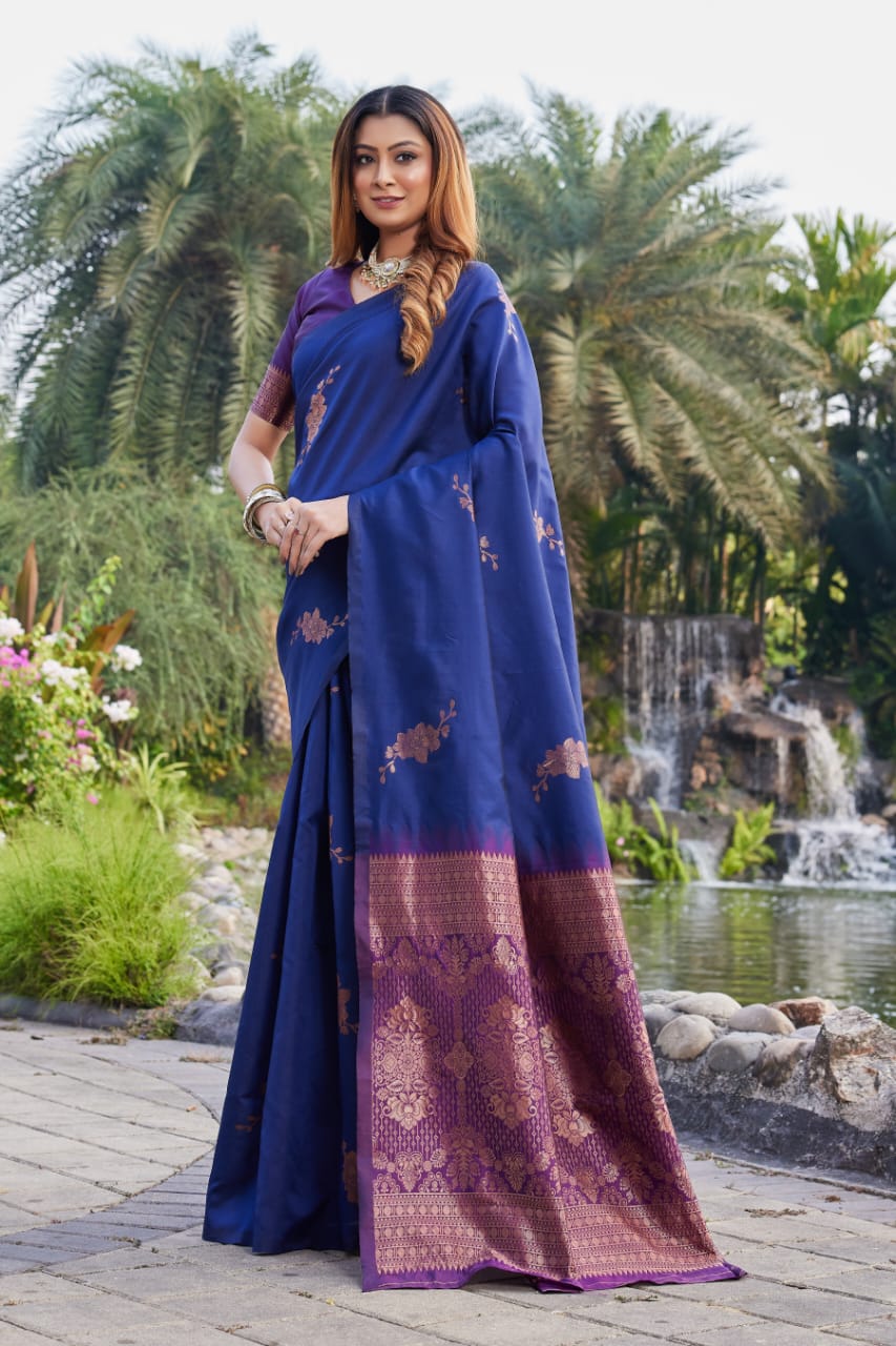 Premium Navy Blue Lichi Silk Jacquard Saree
