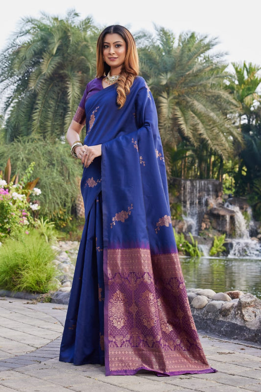 Premium Navy Blue Lichi Silk Jacquard Saree