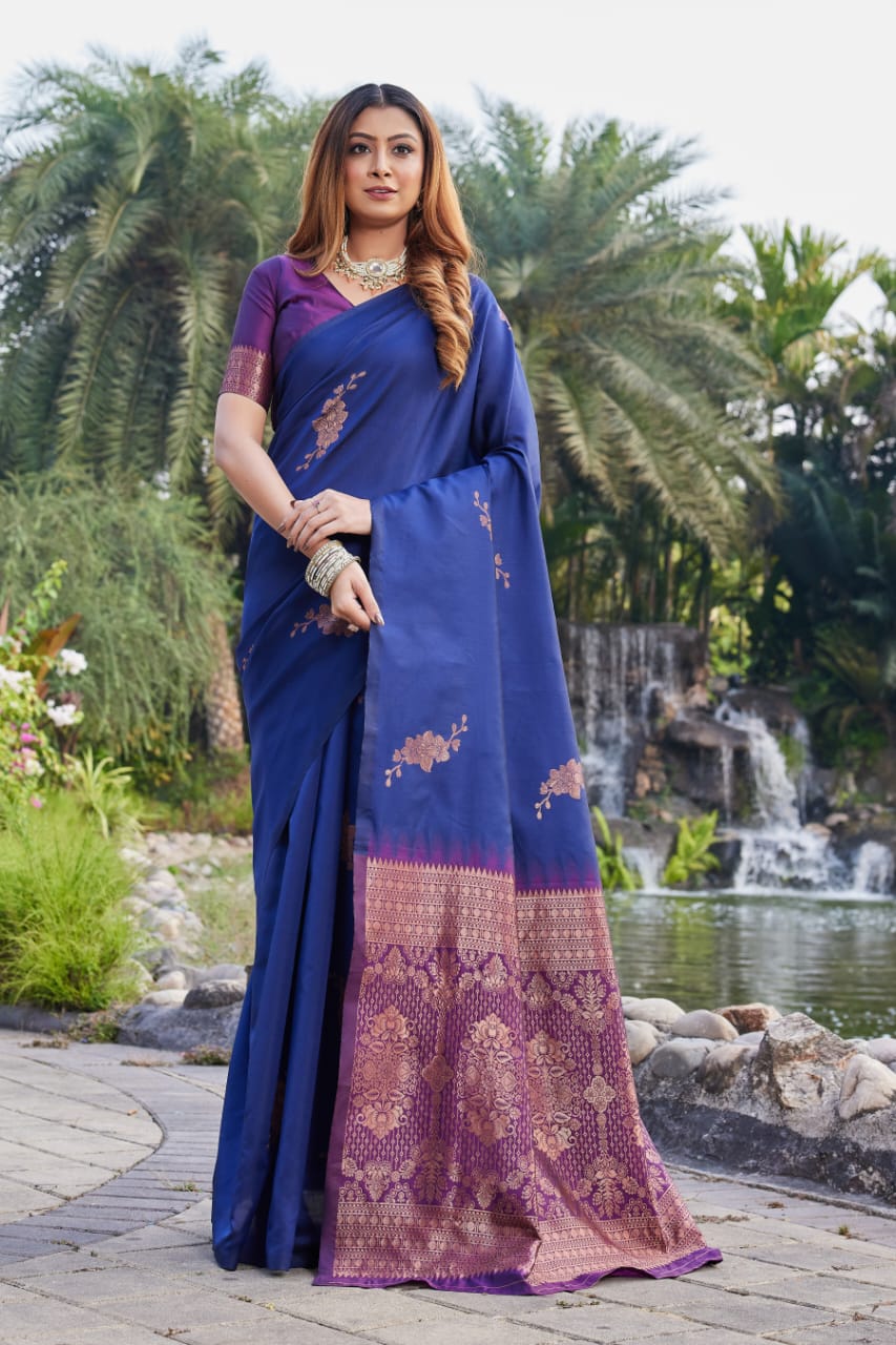 Premium Navy Blue Lichi Silk Jacquard Saree