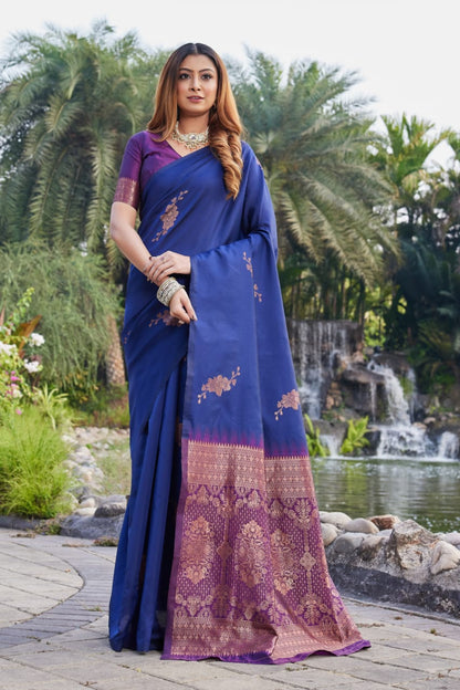 Premium Navy Blue Lichi Silk Jacquard Saree