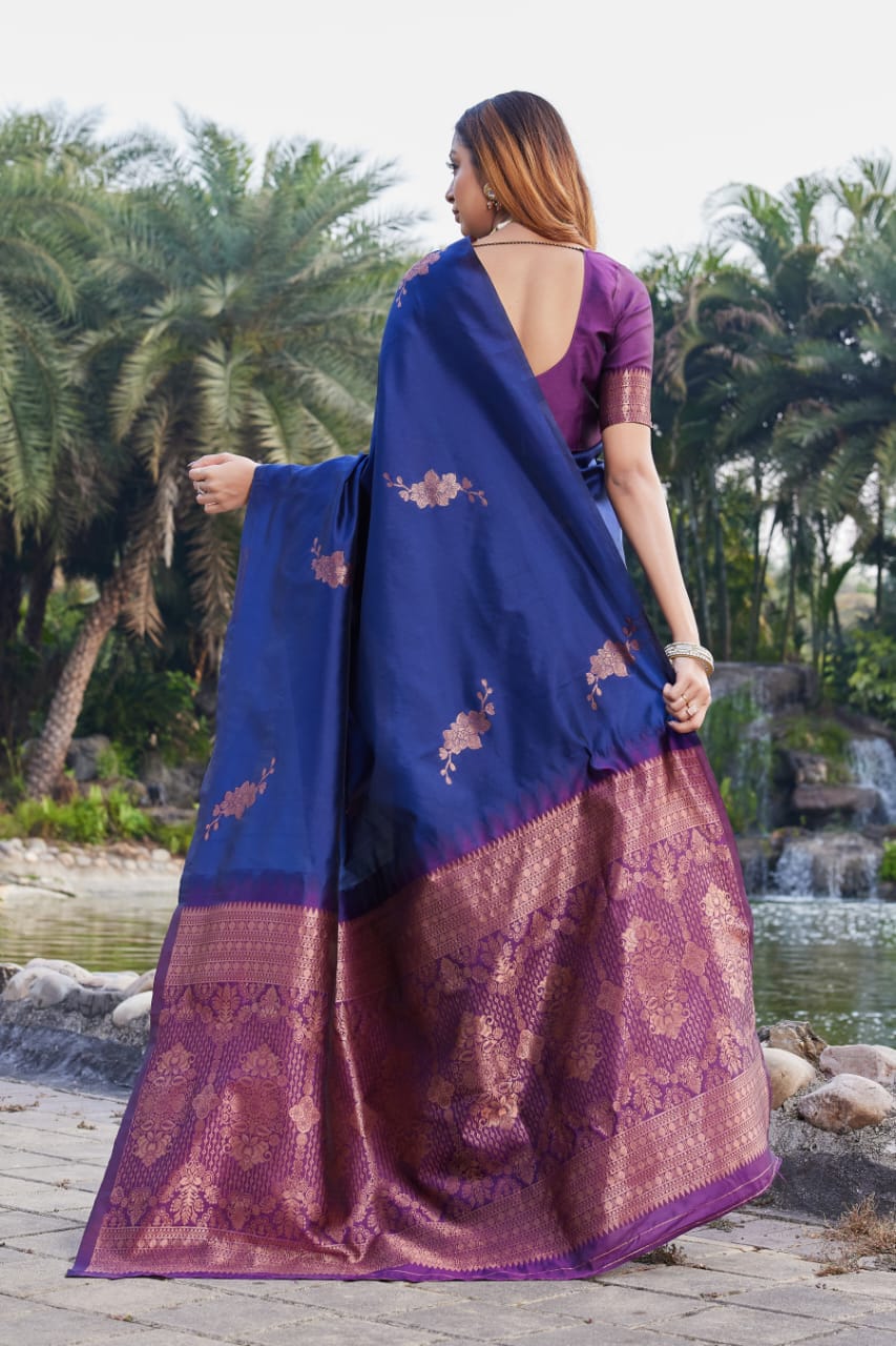 Premium Navy Blue Lichi Silk Jacquard Saree
