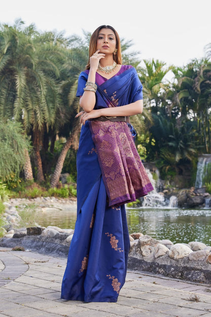 Premium Navy Blue Lichi Silk Jacquard Saree