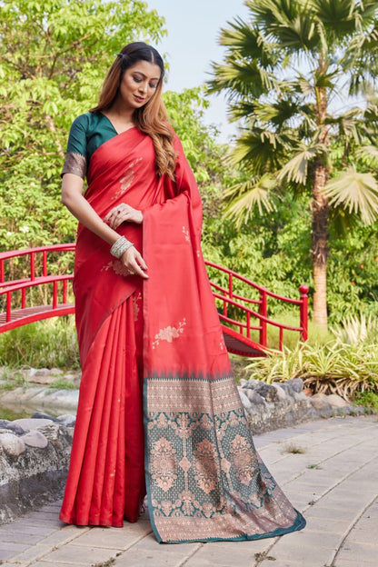 Classic Red Lichi Silk Saree with Rich Zari Pallu