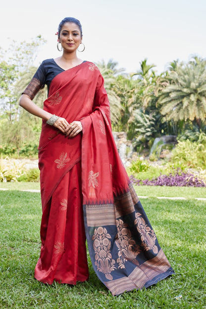 Classic Red Lichi Silk Saree with Rich Zari Pallu