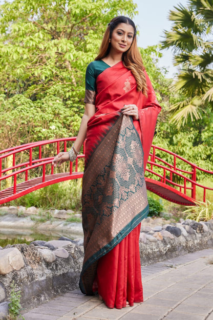 Classic Red Lichi Silk Saree with Rich Zari Pallu