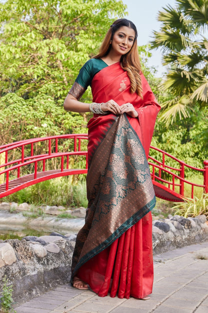 Classic Red Lichi Silk Saree with Rich Zari Pallu