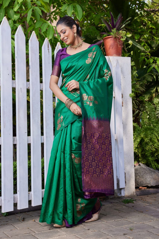 Premium Green Lichi Silk Jacquard Saree with Heavy Zari Pallu