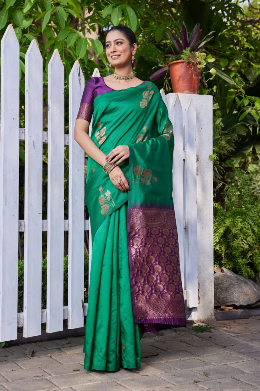 Premium Green Lichi Silk Jacquard Saree with Heavy Zari Pallu