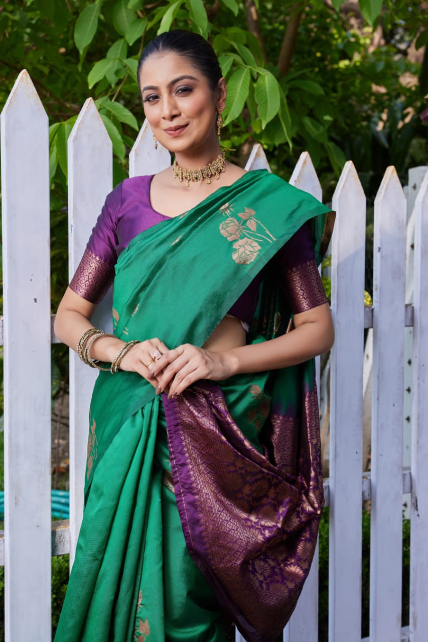 Premium Green Lichi Silk Jacquard Saree with Heavy Zari Pallu