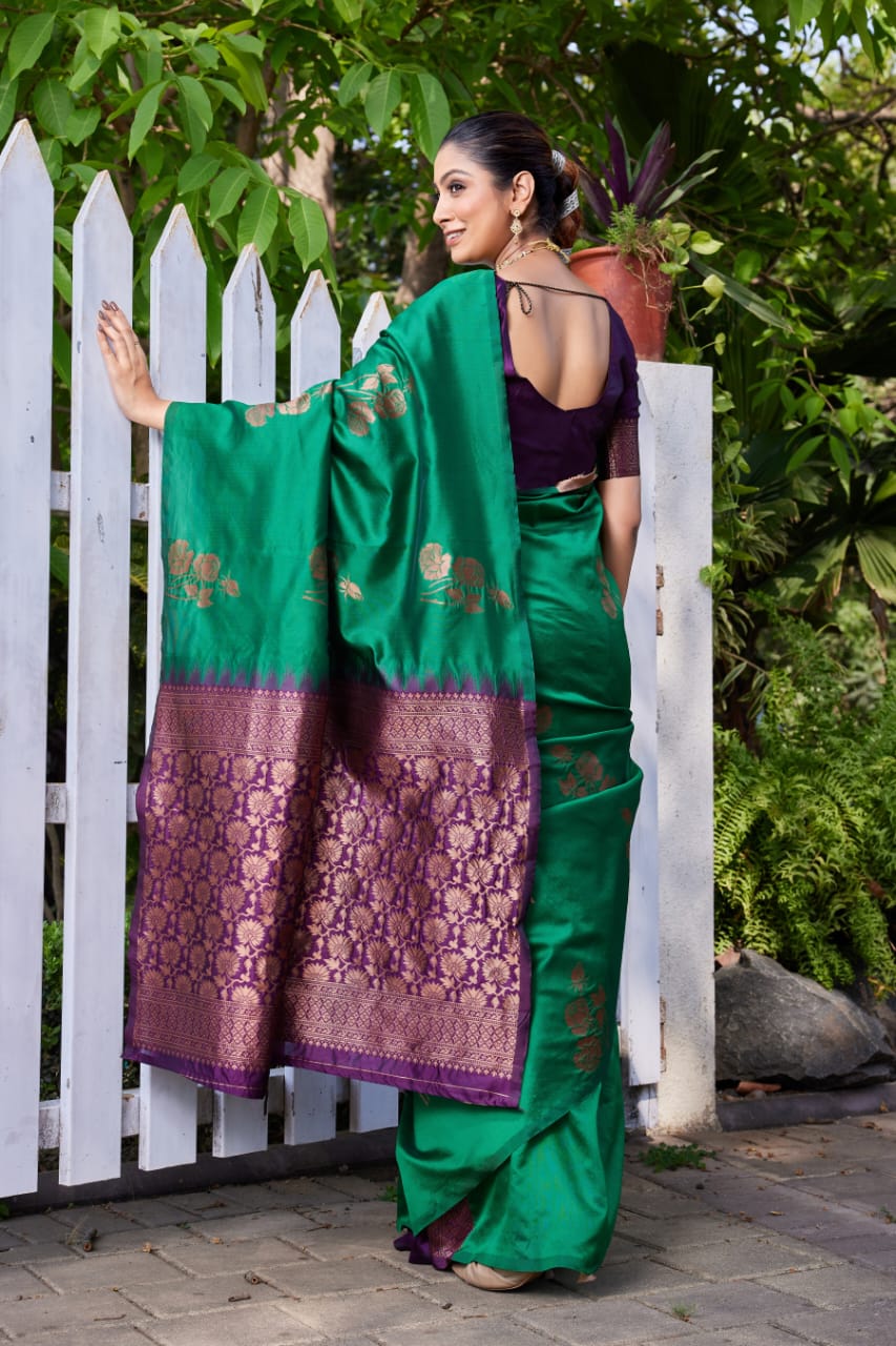 Premium Green Lichi Silk Jacquard Saree with Heavy Zari Pallu