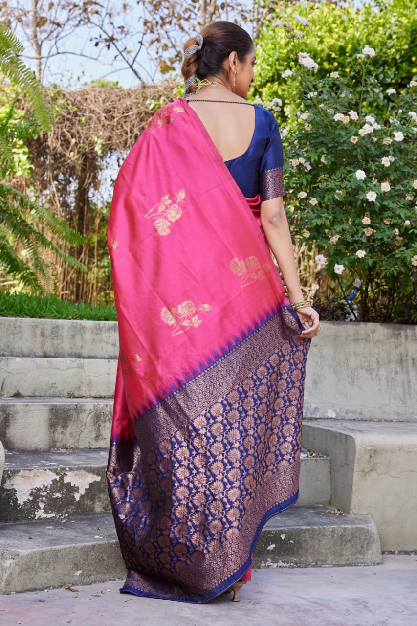 Pink Soft Lichi Silk Saree with Navy Blue Jacquard Pallu