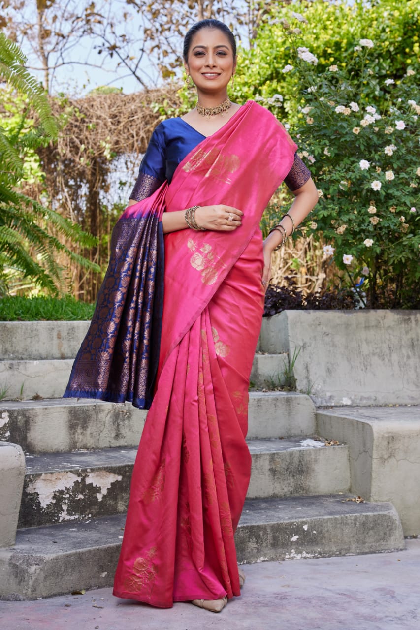 Pink Soft Lichi Silk Saree with Navy Blue Jacquard Pallu