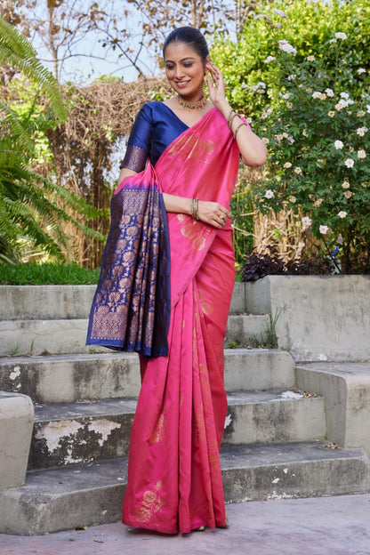 Pink Soft Lichi Silk Saree with Navy Blue Jacquard Pallu