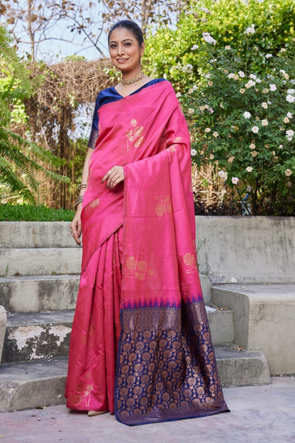 Pink Soft Lichi Silk Saree with Navy Blue Jacquard Pallu