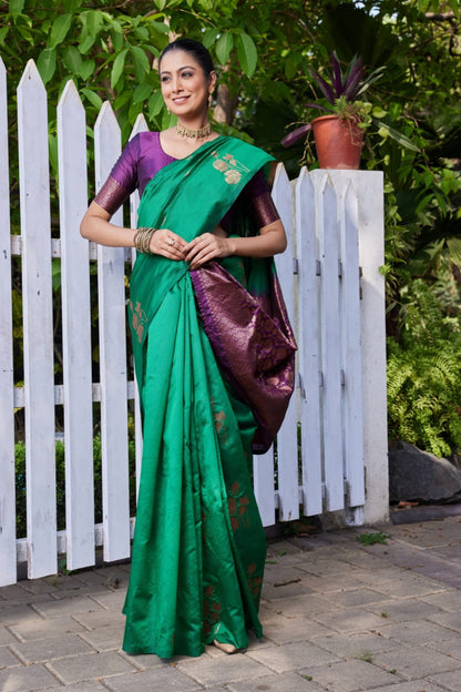 Premium Green Lichi Silk Jacquard Saree with Heavy Zari Pallu