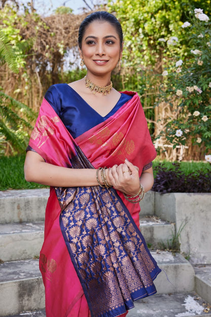 Pink Soft Lichi Silk Saree with Navy Blue Jacquard Pallu