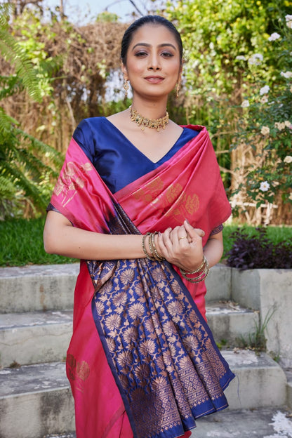 Pink Soft Lichi Silk Saree with Navy Blue Jacquard Pallu