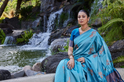 Sky Blue Soft Lichi Silk Saree with Royal Blue Jacquard Pallu