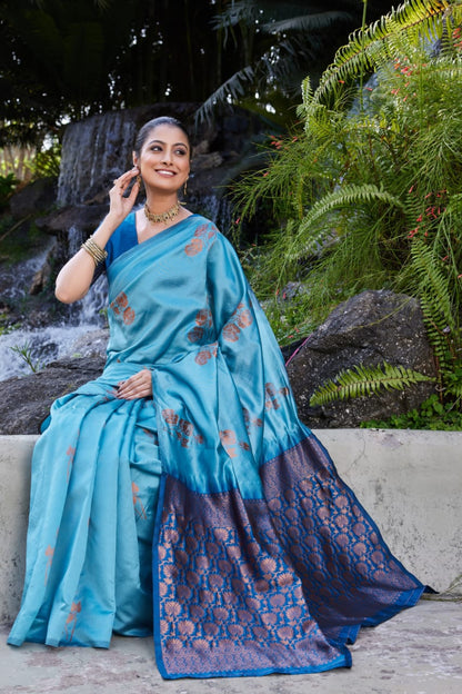 Sky Blue Soft Lichi Silk Saree with Royal Blue Jacquard Pallu